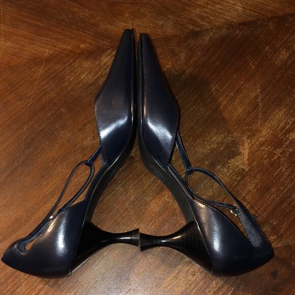 J G JG Hooks Preppy Academia Old Money Edgy Square Toe Blue Stacked Kitten Heels - Picture 7 of 11